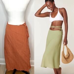 Linen Wrap Midi Skirt in Rust